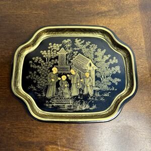 Vintage Elite Metal Chinoiserie Tray Mid Century Gold and Black Asian Inspired